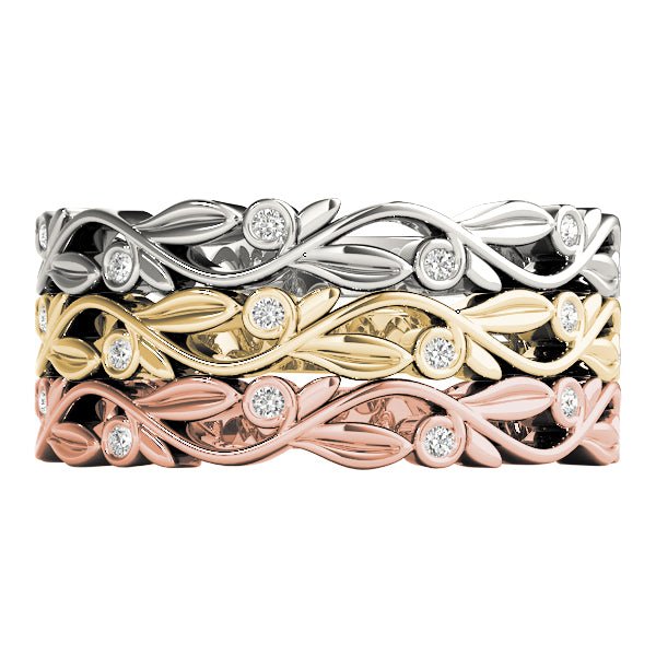0.04CTW 14K Gold Leaf Vine Band With Bezel Set Round Diamonds - Diamond Ring - Design Jewellers Edmonton