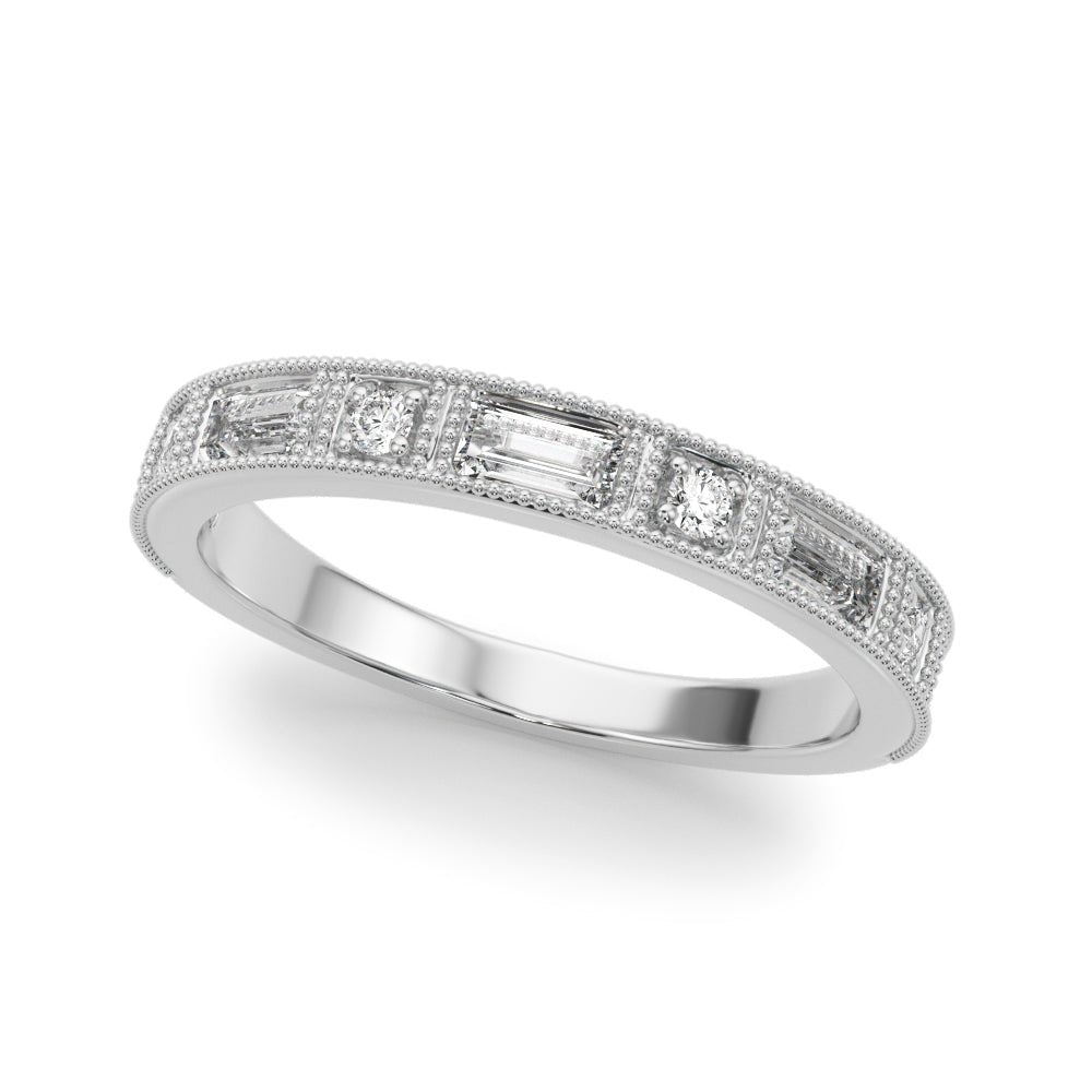 0.63CTW 14K  Gold Baguette And Round Brilliant Cut Diamond Band With A Millgrain Accent