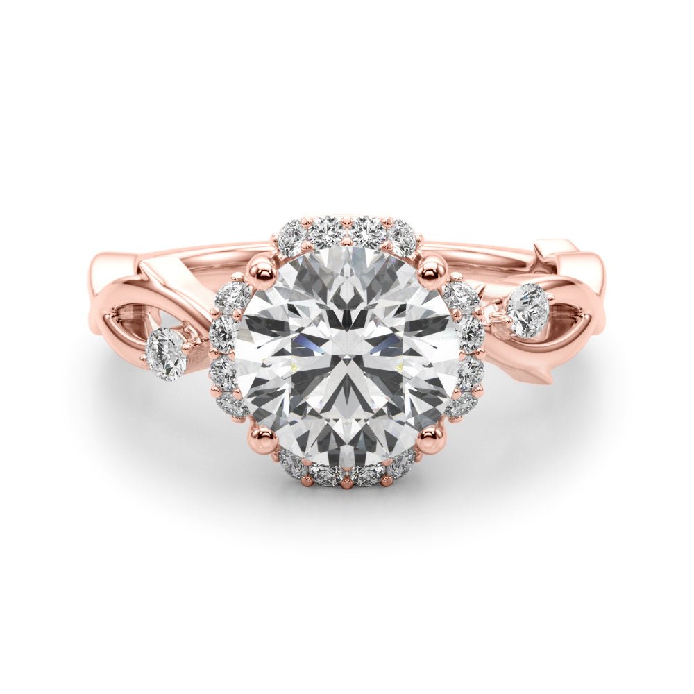 1.00CT 14K Gold Nature - Inspired Halo Diamond Engagement Ring with Leaf - Detail Shank - Engagement rings - Design Jewellers Edmonton