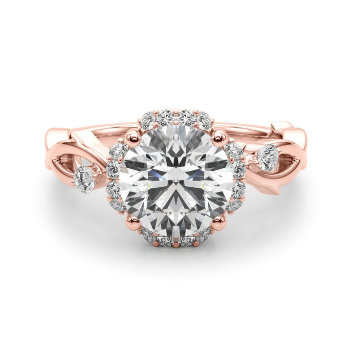 1.00CT 14K Gold Nature - Inspired Halo Diamond Engagement Ring with Leaf - Detail Shank - Engagement rings - Design Jewellers Edmonton