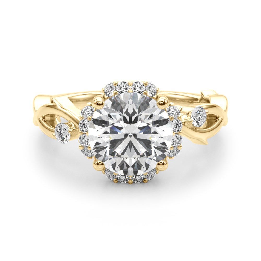 1.00CT 14K Gold Nature - Inspired Halo Diamond Engagement Ring with Leaf - Detail Shank - Engagement rings - Design Jewellers Edmonton