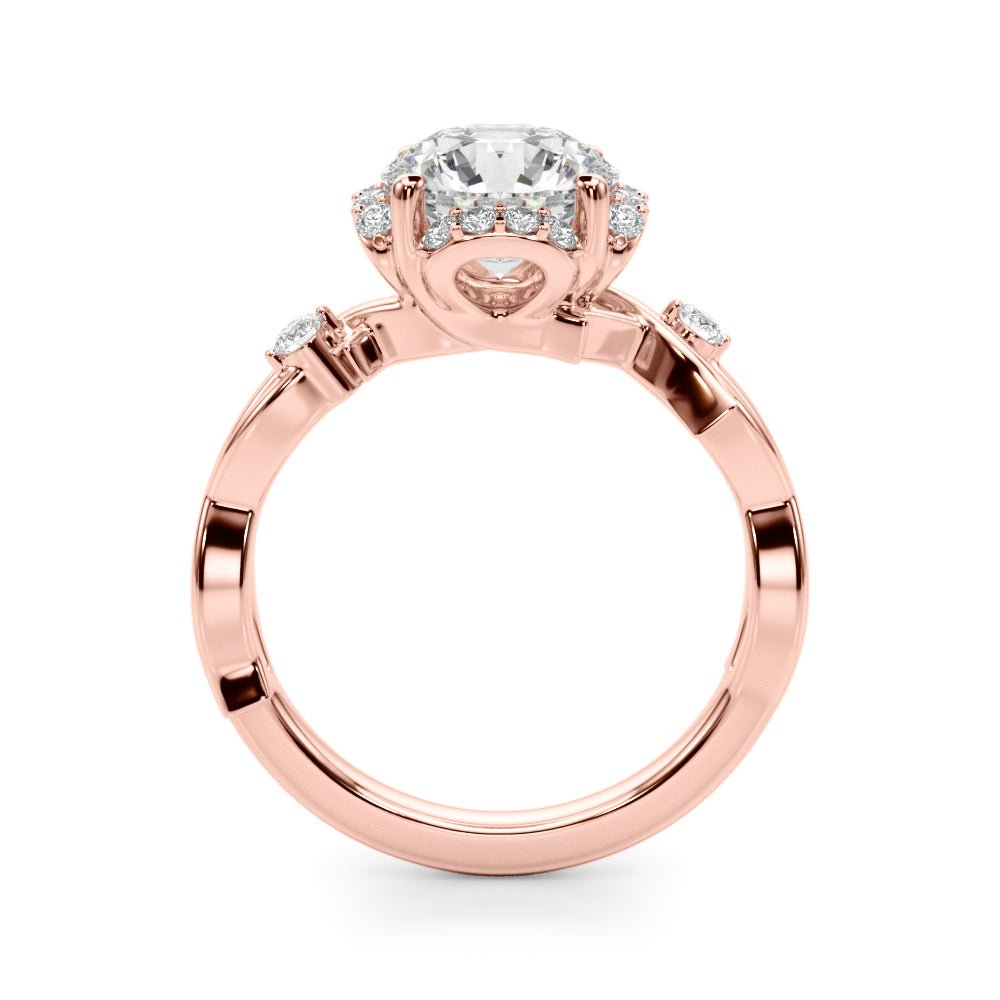 1.00CT 14K Gold Nature - Inspired Halo Diamond Engagement Ring with Leaf - Detail Shank - Engagement rings - Design Jewellers Edmonton