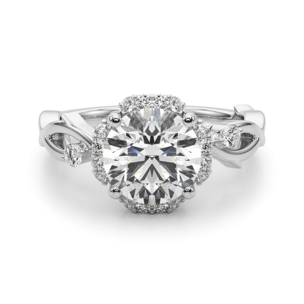1.00CT 14K Gold Nature - Inspired Halo Diamond Engagement Ring with Leaf - Detail Shank - Engagement rings - Design Jewellers Edmonton