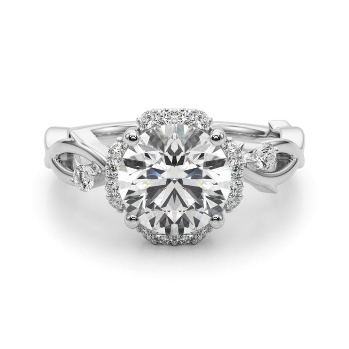 1.00CT 14K Gold Nature - Inspired Halo Diamond Engagement Ring with Leaf - Detail Shank - Engagement rings - Design Jewellers Edmonton
