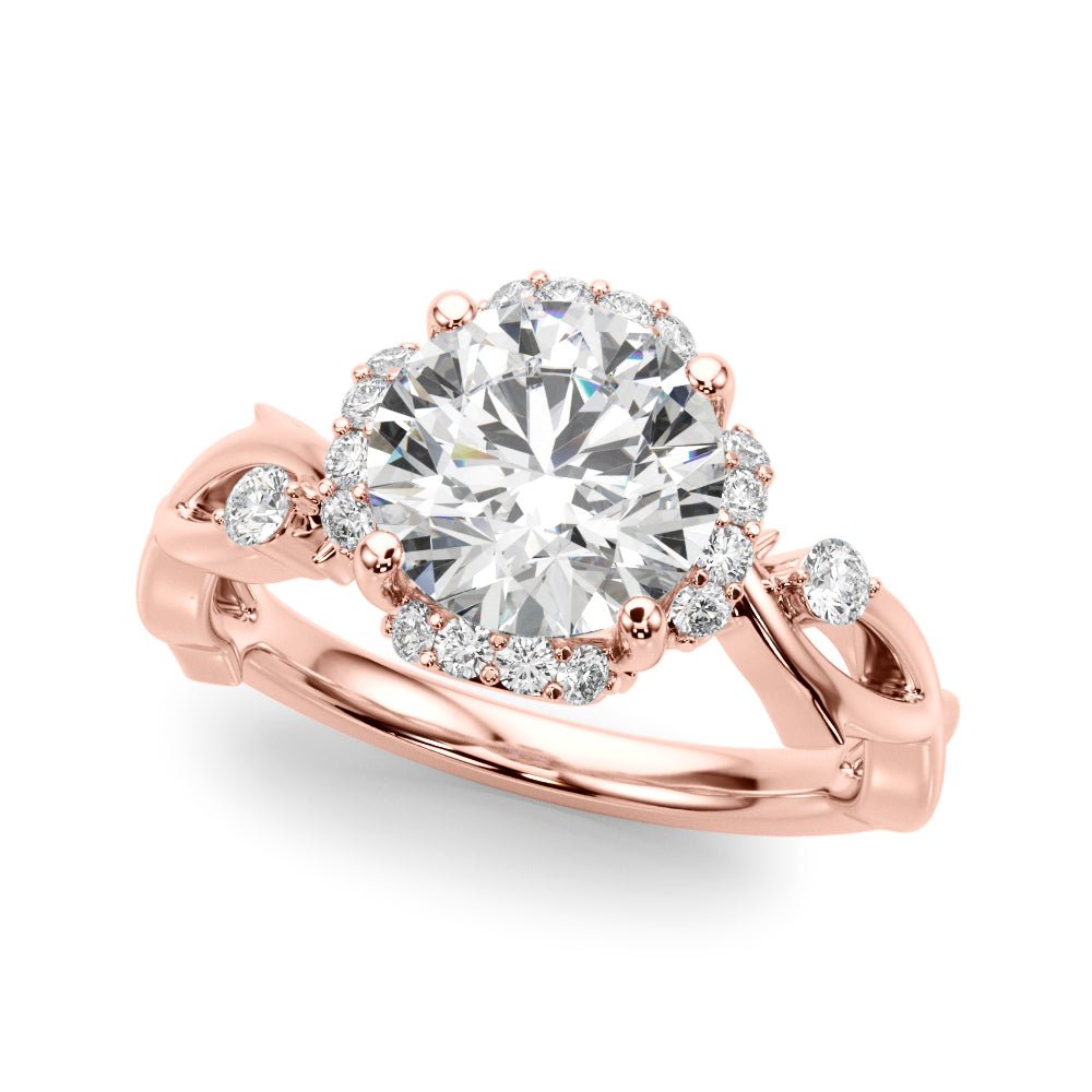 1.00CT 14K Gold Nature - Inspired Halo Diamond Engagement Ring with Leaf - Detail Shank - Engagement rings - Design Jewellers Edmonton