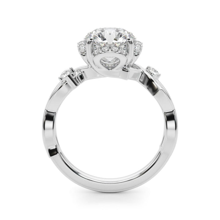 1.00CT 14K Gold Nature - Inspired Halo Diamond Engagement Ring with Leaf - Detail Shank - Engagement rings - Design Jewellers Edmonton