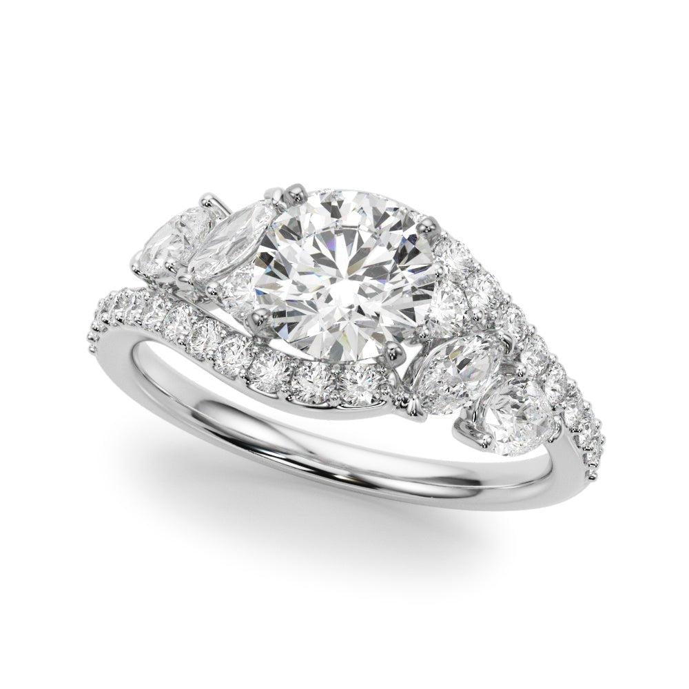 1.00CT 14K T Round Brilliant Cut Diamond Ring Accented With Marquise and Pear Shape Diamonds