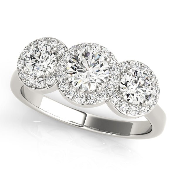 1.00CTW 14K  Gold Ladies 3 Stone Round Halo Past, Present, Future Round Brilliant Cut Diamond Ring