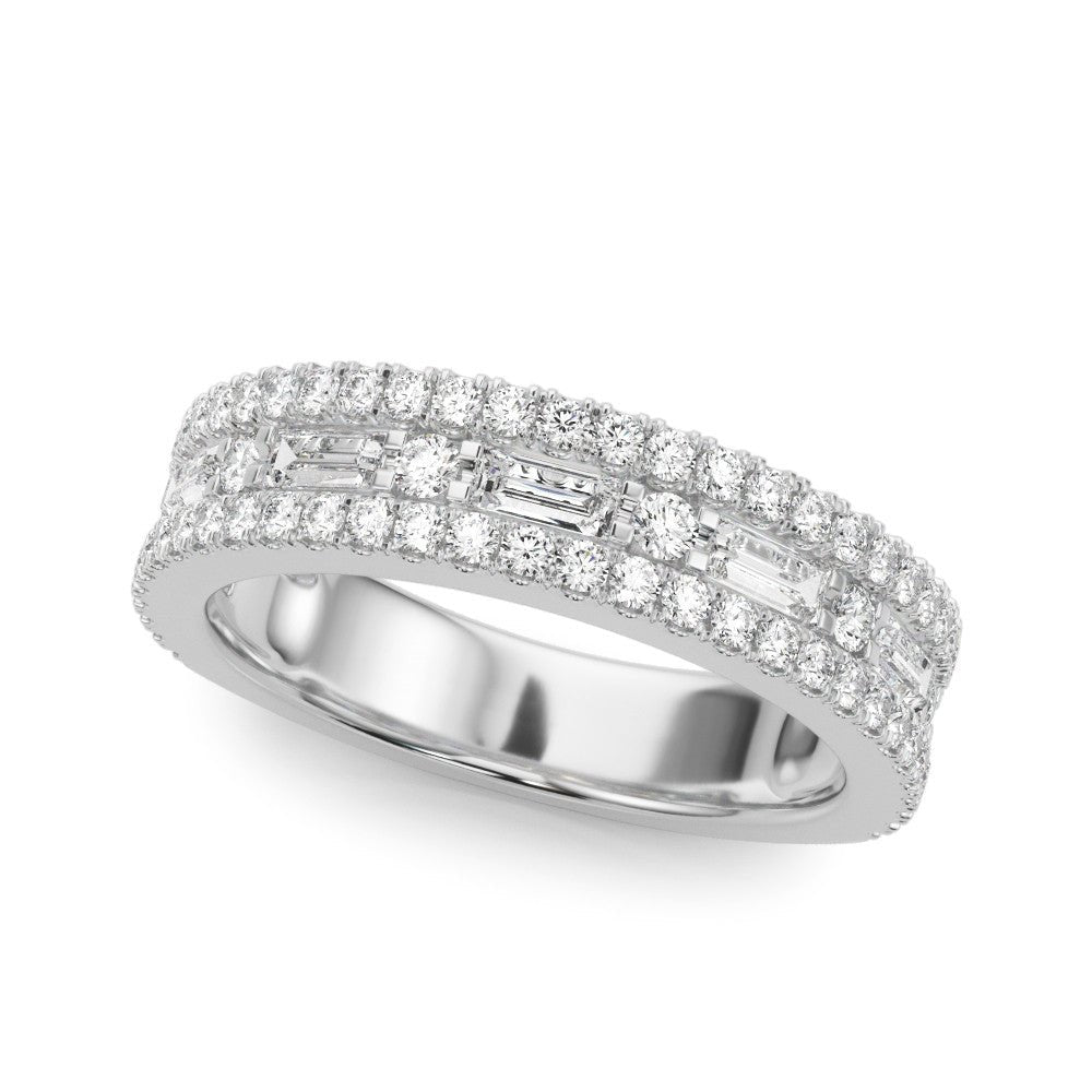 1.00CTW 14K  Gold Multi Row Diamond Band With Baguette and Round Brilliant Cut Diamonds
