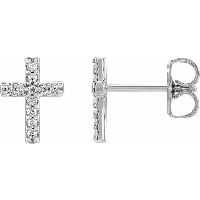 14K Gold Cross Design Diamond Stud Earrings