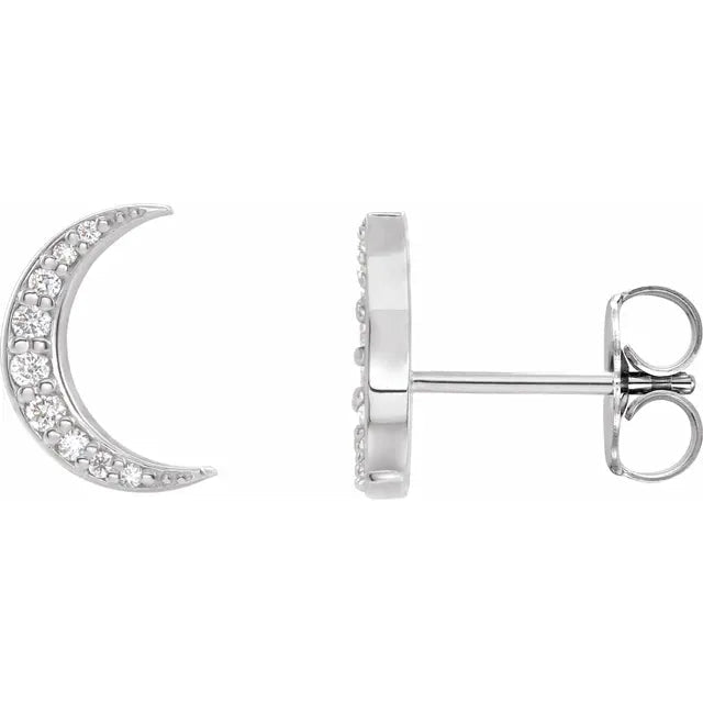 14K Gold Crescent Moon Design Diamond Stud Earrings