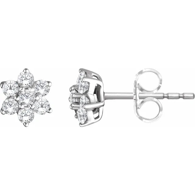 14K Gold Diamond Cluster Flower Stud Earrings