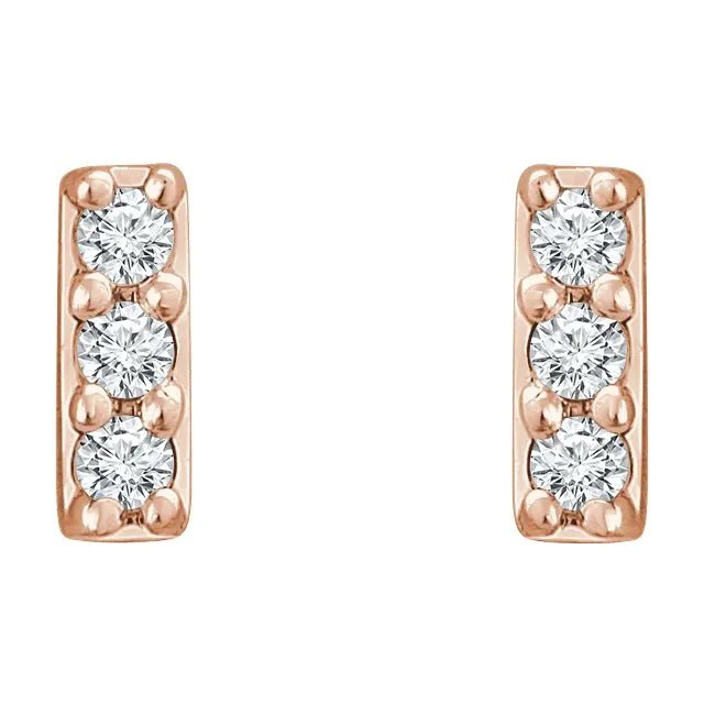 14K Gold Three Stone Diamond Bar Stud Earrings - Design Jewellers Edmonton