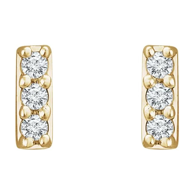 14K Gold Three Stone Diamond Bar Stud Earrings - Design Jewellers Edmonton
