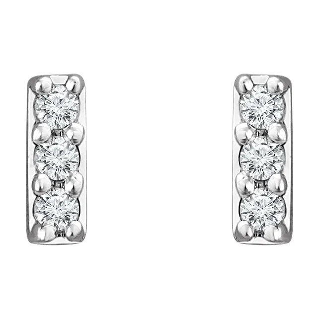 14K Gold Three Stone Diamond Bar Stud Earrings