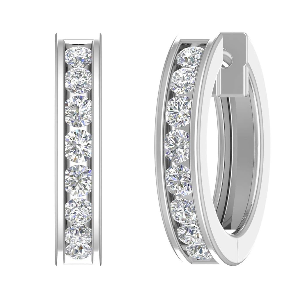 14K Gold Wide Channel Set Diamond Huggie Hoop Earrings