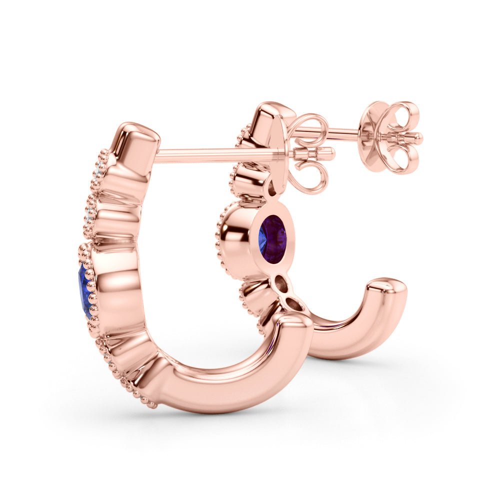 14K Round Cut Blue Sapphire and Diamond Milgrain J - Hoop Earrings - Hoop Earrings - Design Jewellers Edmonton