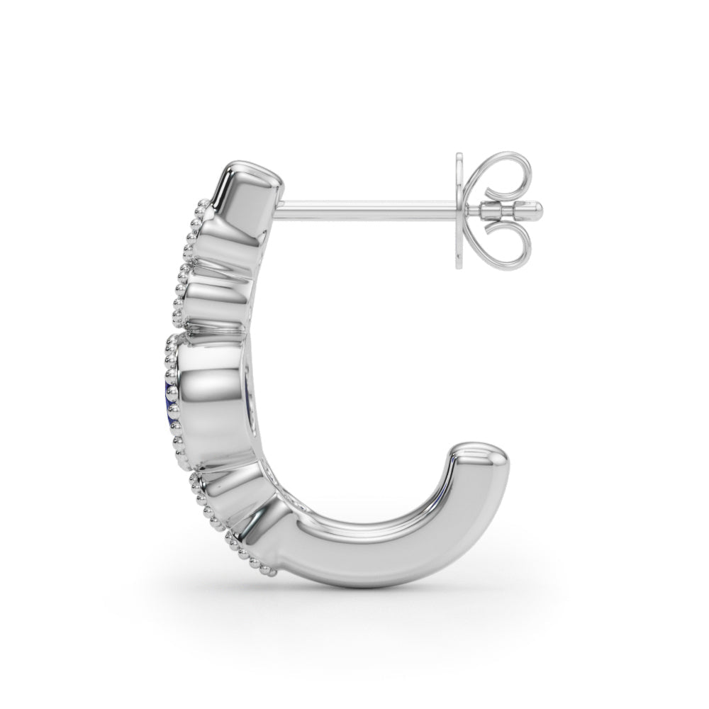 14K Round Cut Blue Sapphire and Diamond Milgrain J - Hoop Earrings - Hoop Earrings - Design Jewellers Edmonton