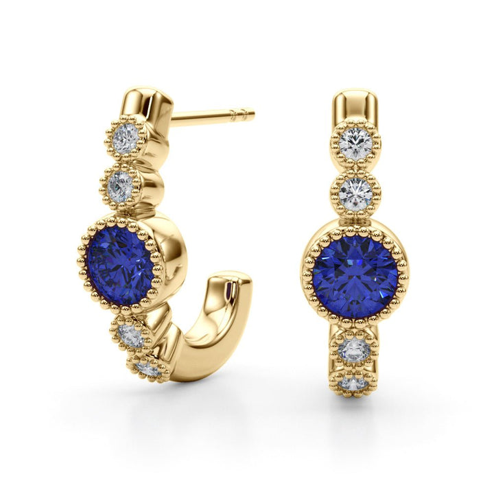 14K Round Cut Blue Sapphire and Diamond Milgrain J - Hoop Earrings - Hoop Earrings - Design Jewellers Edmonton