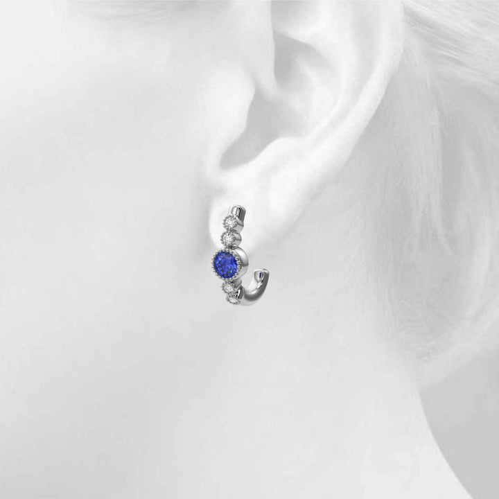 14K Round Cut Blue Sapphire and Diamond Milgrain J - Hoop Earrings - Hoop Earrings - Design Jewellers Edmonton