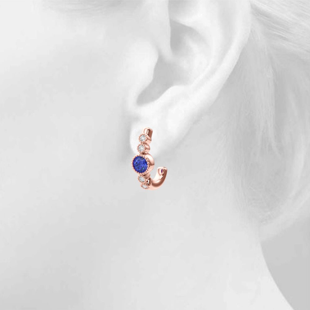 14K Round Cut Blue Sapphire and Diamond Milgrain J - Hoop Earrings - Hoop Earrings - Design Jewellers Edmonton