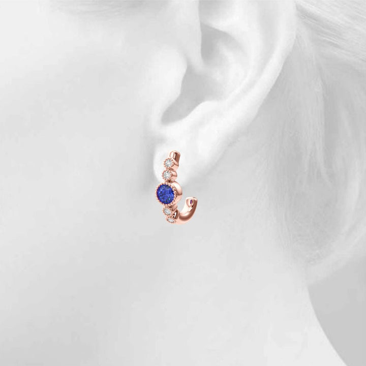 14K Round Cut Blue Sapphire and Diamond Milgrain J - Hoop Earrings - Hoop Earrings - Design Jewellers Edmonton