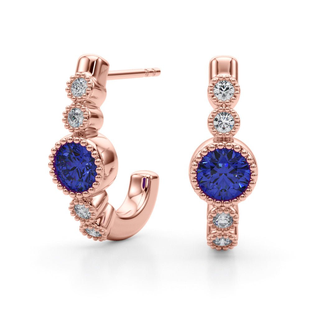 14K Round Cut Blue Sapphire and Diamond Milgrain J - Hoop Earrings - Hoop Earrings - Design Jewellers Edmonton