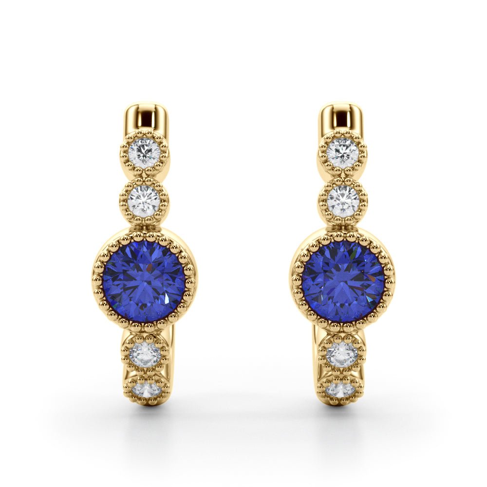 14K Round Cut Blue Sapphire and Diamond Milgrain J - Hoop Earrings - Hoop Earrings - Design Jewellers Edmonton