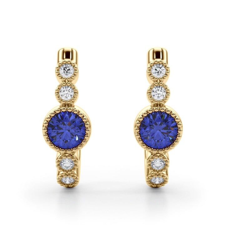 14K Round Cut Blue Sapphire and Diamond Milgrain J - Hoop Earrings - Hoop Earrings - Design Jewellers Edmonton