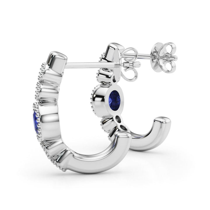 14K Round Cut Blue Sapphire and Diamond Milgrain J - Hoop Earrings - Hoop Earrings - Design Jewellers Edmonton