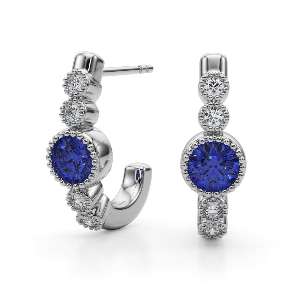 14K Round Cut Blue Sapphire and Diamond Milgrain J-Hoop Earrings