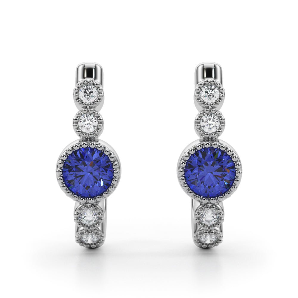 14K Round Cut Blue Sapphire and Diamond Milgrain J - Hoop Earrings - Hoop Earrings - Design Jewellers Edmonton
