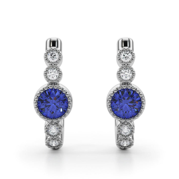 14K Round Cut Blue Sapphire and Diamond Milgrain J - Hoop Earrings - Hoop Earrings - Design Jewellers Edmonton