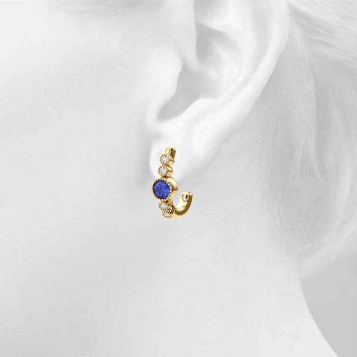 14K Round Cut Blue Sapphire and Diamond Milgrain J - Hoop Earrings - Hoop Earrings - Design Jewellers Edmonton