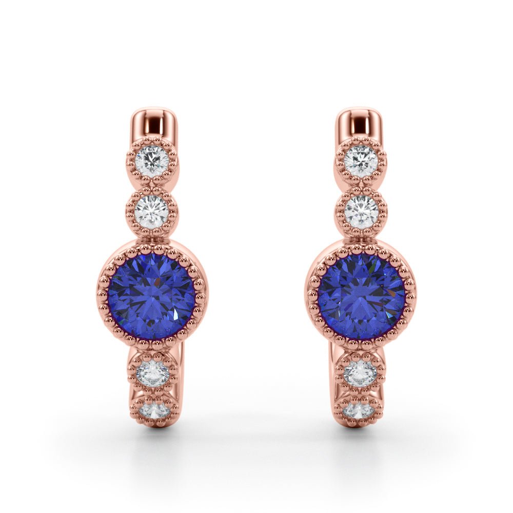 14K Round Cut Blue Sapphire and Diamond Milgrain J - Hoop Earrings - Hoop Earrings - Design Jewellers Edmonton