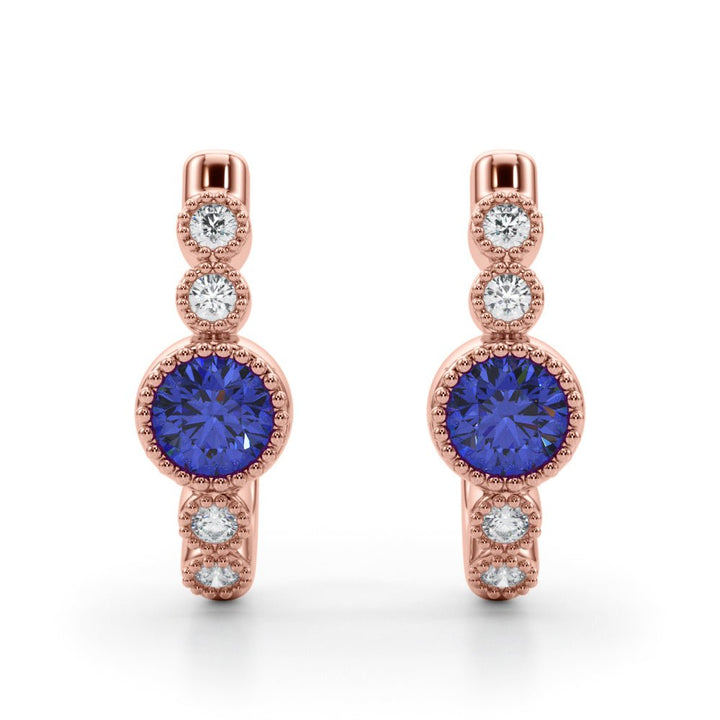 14K Round Cut Blue Sapphire and Diamond Milgrain J - Hoop Earrings - Hoop Earrings - Design Jewellers Edmonton