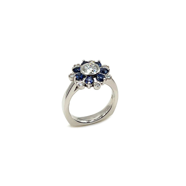 14K Stunning Sapphire and Diamond Cluster Design With Bezel Set Diamonds - Engagement rings - Design Jewellers Edmonton