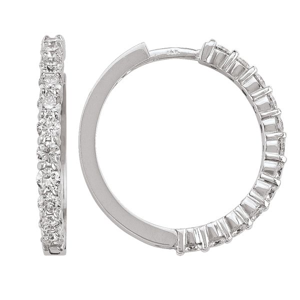 14K White Gold Round Diamond Hoop Earrings