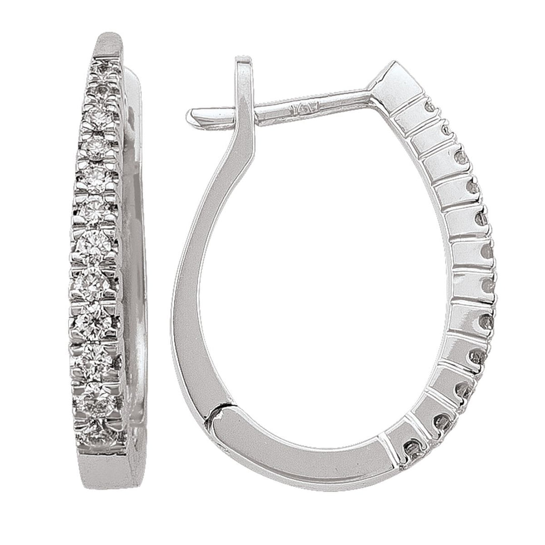 14K White Gold Tapering Diamond Oval Huggie Hoop Earrings