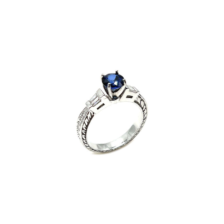 18K White Gold Ceylon Blue Sapphire and Baguette Cut Diamond Ring - Engagement rings - Design Jewellers Edmonton