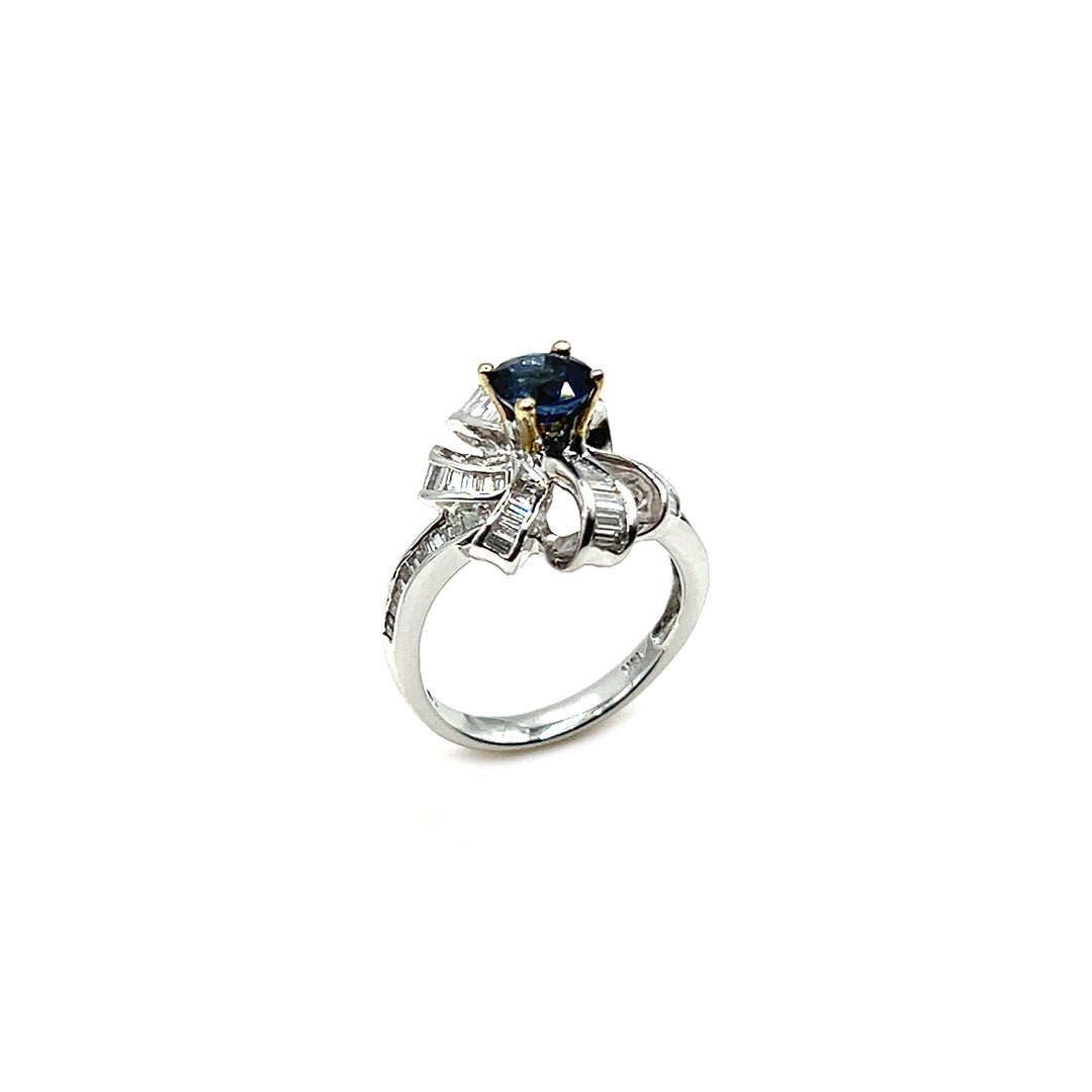 18K White Gold Ceylon Blue Sapphire and Baguette Cut Diamond Ring
