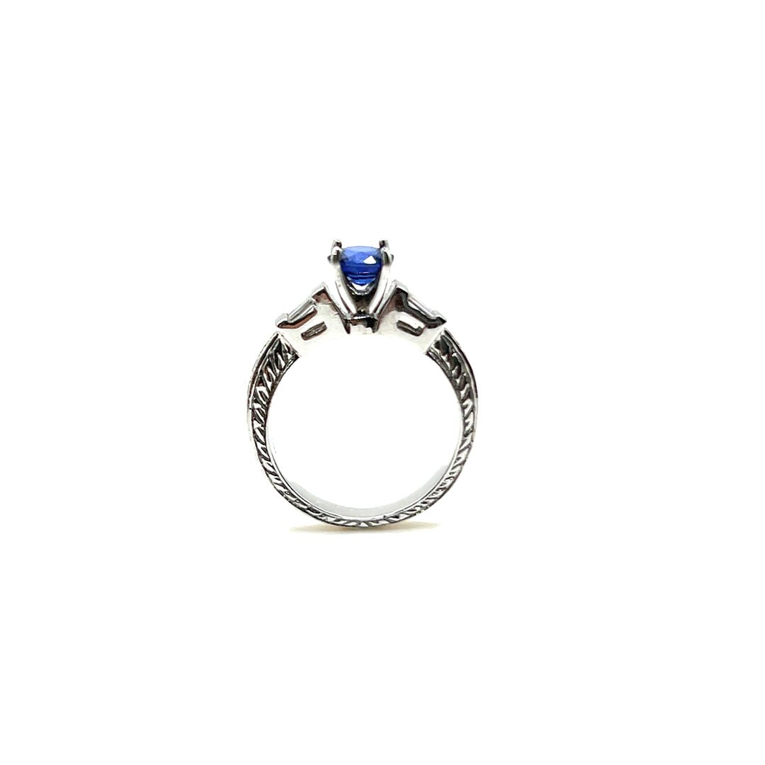 18K White Gold Ceylon Blue Sapphire and Baguette Cut Diamond Ring - Engagement rings - Design Jewellers Edmonton