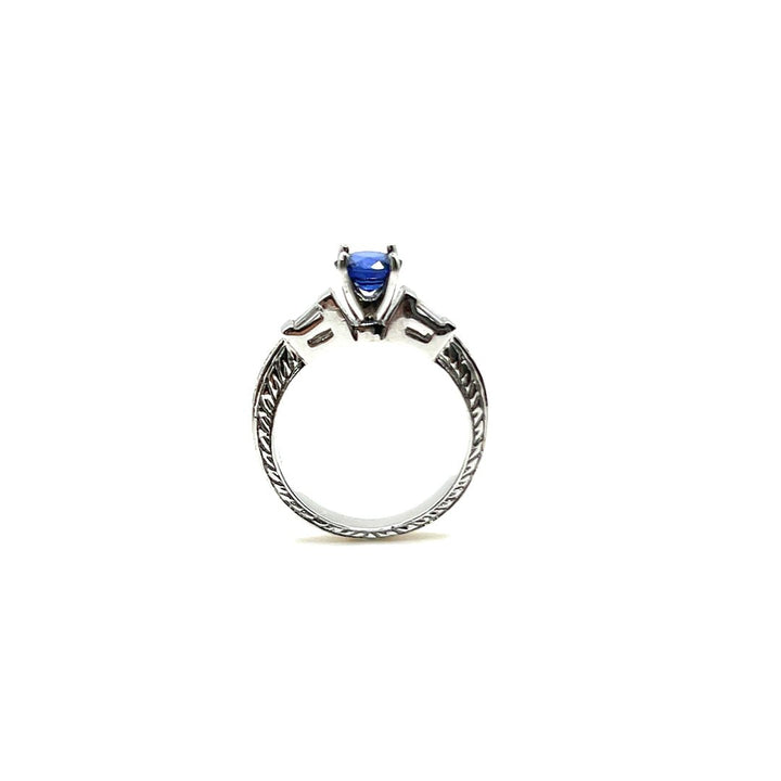 18K White Gold Ceylon Blue Sapphire and Baguette Cut Diamond Ring - Engagement rings - Design Jewellers Edmonton