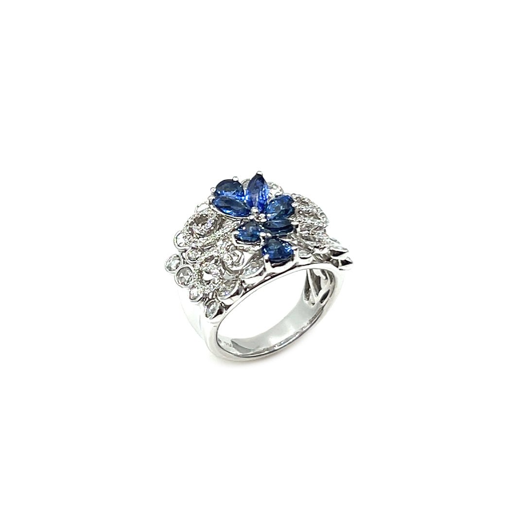 18K White Gold Pear Shape Ceylon Blue Sapphire and Baguette Cut Diamond Ring