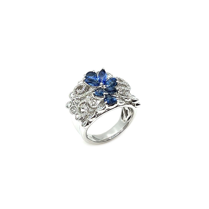 18K White Gold Pear Shape Ceylon Blue Sapphire and Baguette Cut Diamond Ring - Engagement rings - Design Jewellers Edmonton