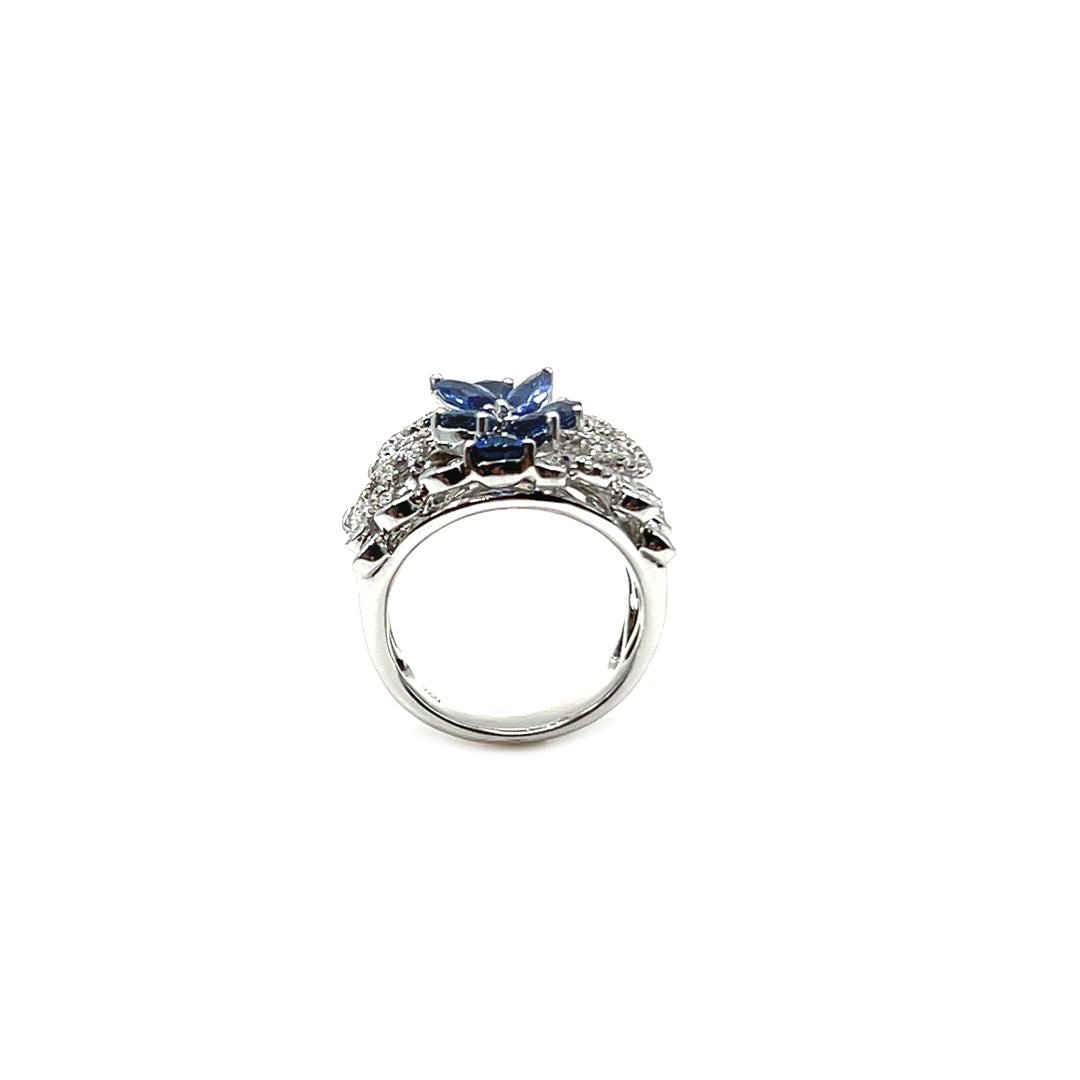 18K White Gold Pear Shape Ceylon Blue Sapphire and Baguette Cut Diamond Ring - Engagement rings - Design Jewellers Edmonton