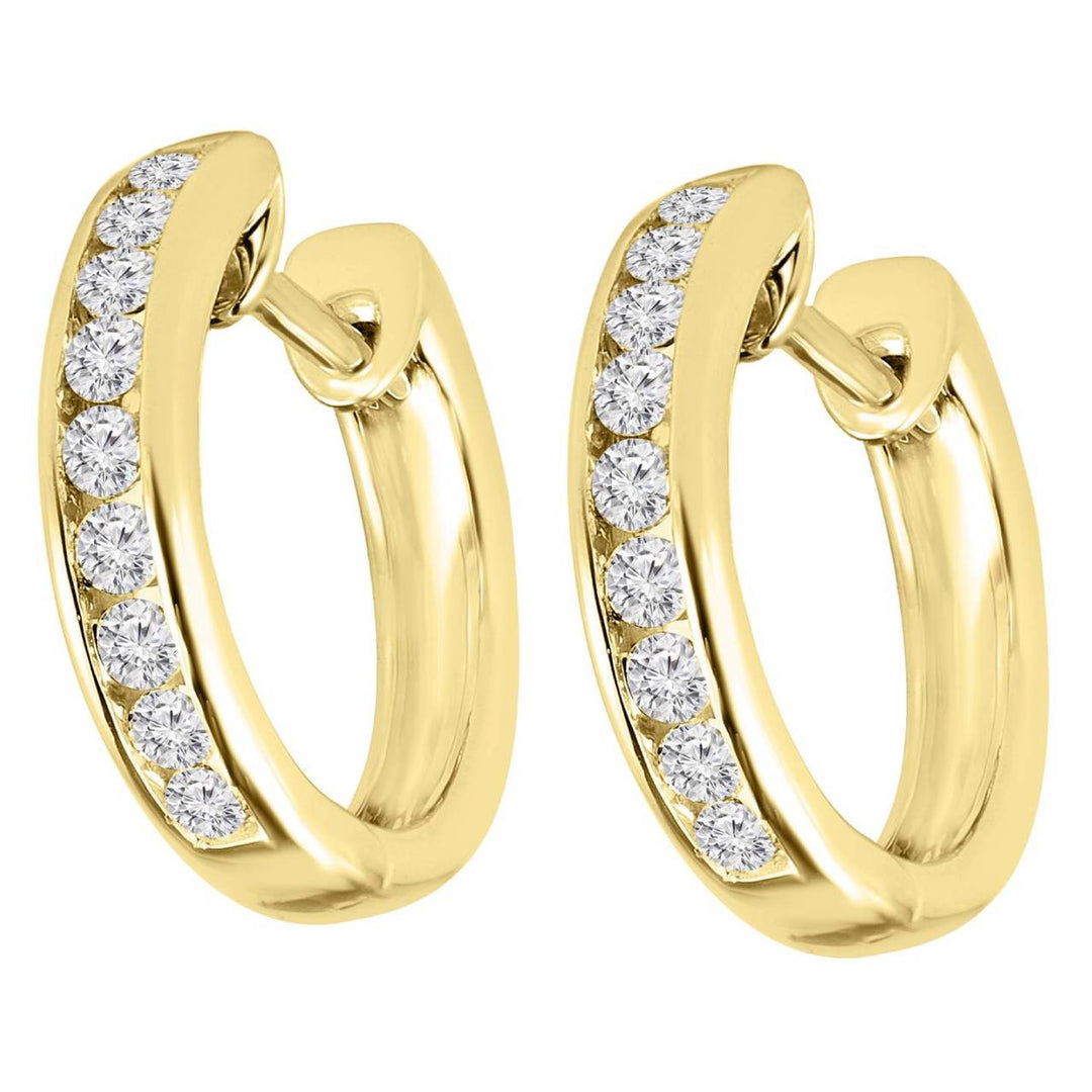 14K Gold Wide Channel Set Diamond Huggie Hoop Earrings - View 1