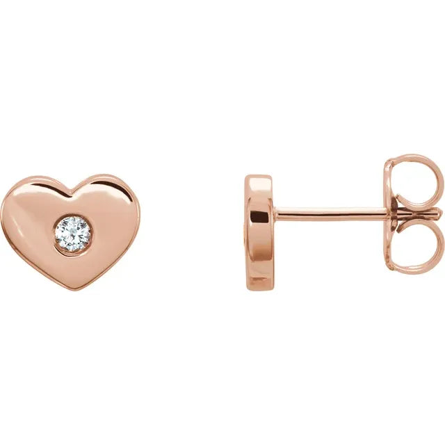 14K Gold Polished Heart Diamond Stud Earrings - View 2
