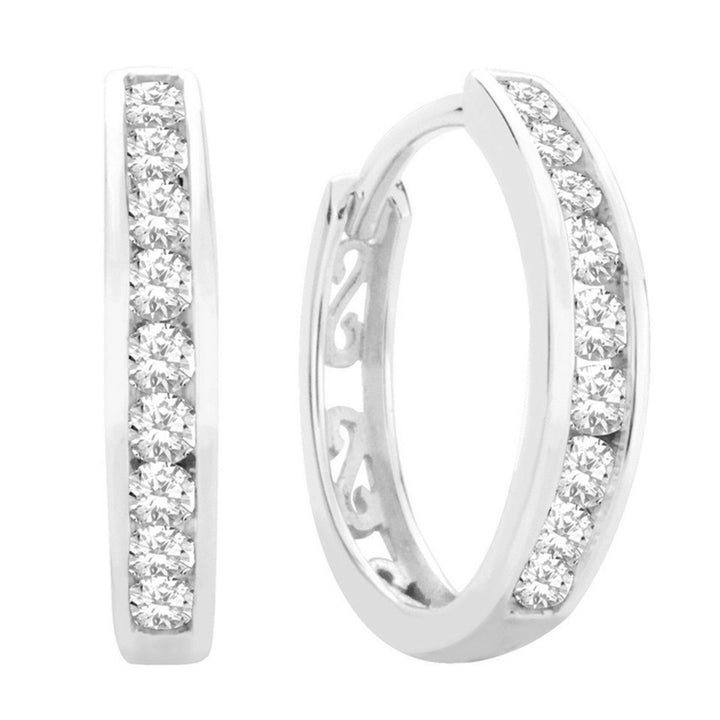 14K Gold Channel Set Diamond Huggie Hoop Earrings with Openwork Detail