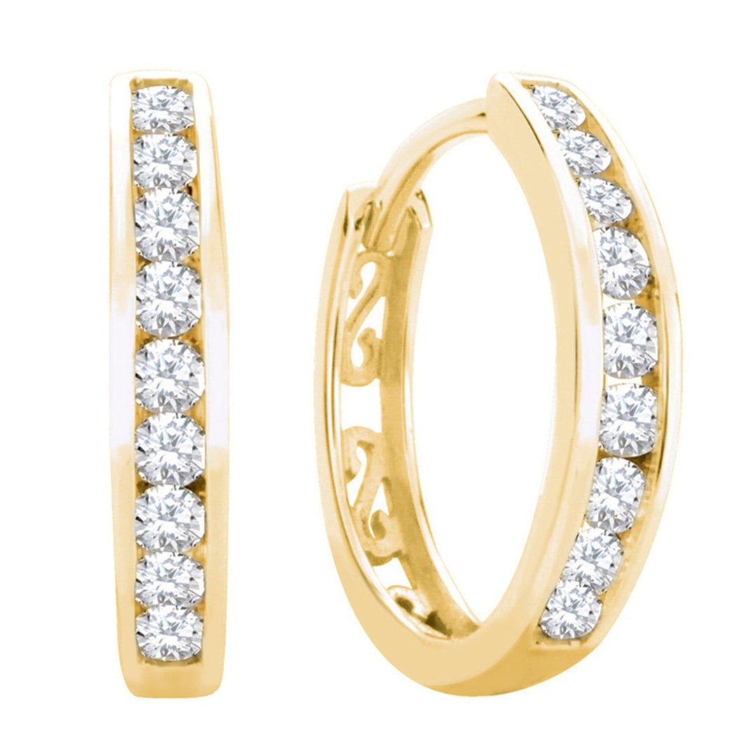 14K Gold Channel Set Diamond Huggie Hoop Earrings with Openwork Detail - View 1